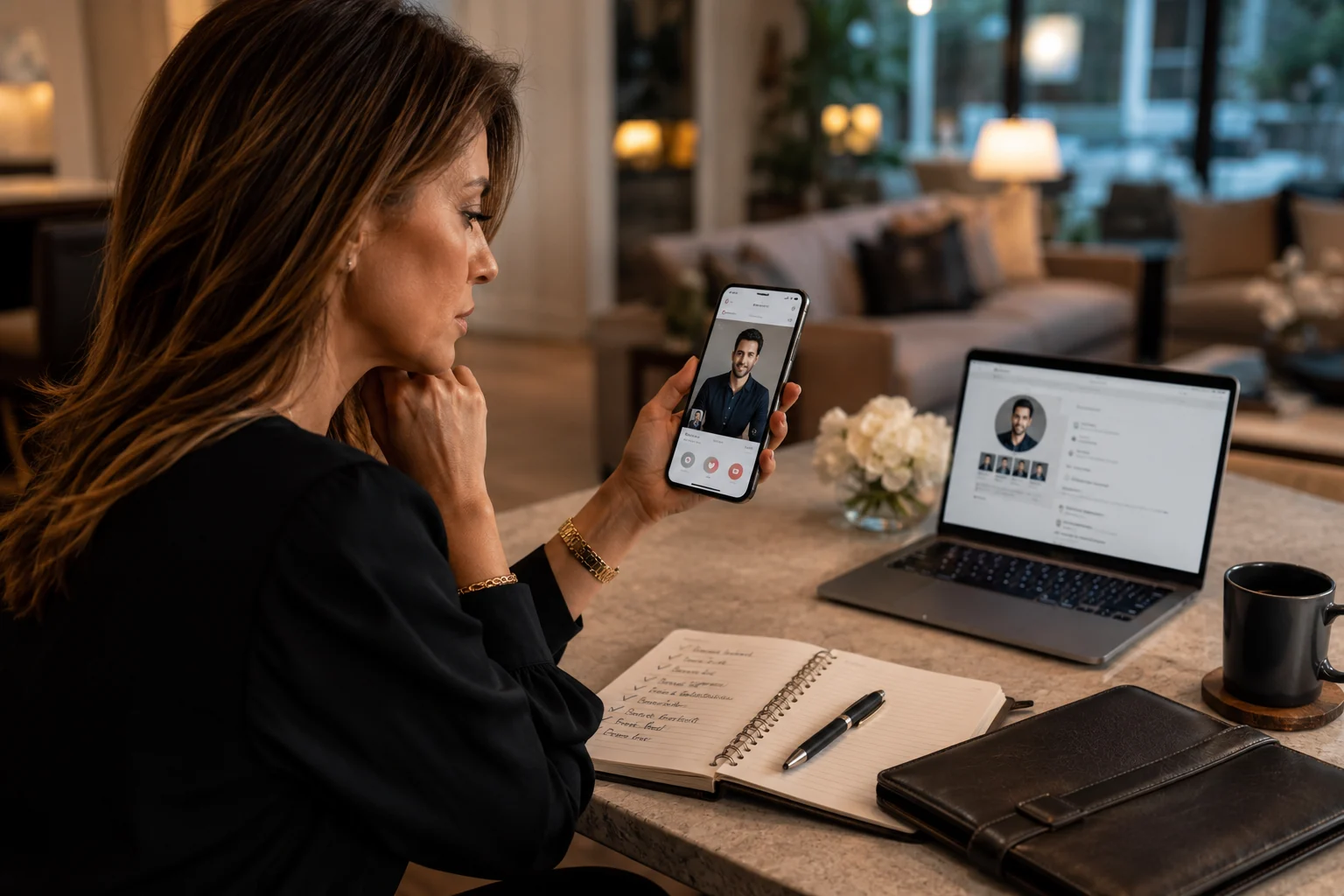 Woman reviewing a dating profile as part of a discreet dating background check